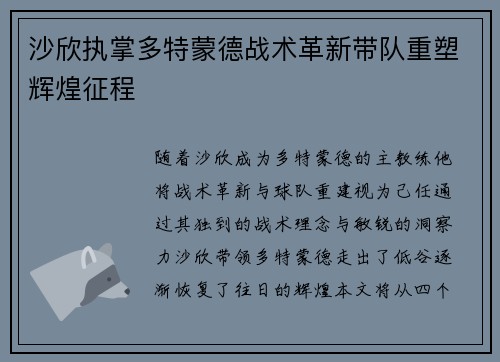 沙欣执掌多特蒙德战术革新带队重塑辉煌征程 沙欣执掌多特蒙德战术革新带队重塑辉煌征程
