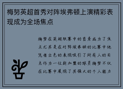 梅努英超首秀对阵埃弗顿上演精彩表现成为全场焦点 梅努英超首秀对阵埃弗顿上演精彩表现成为全场焦点
